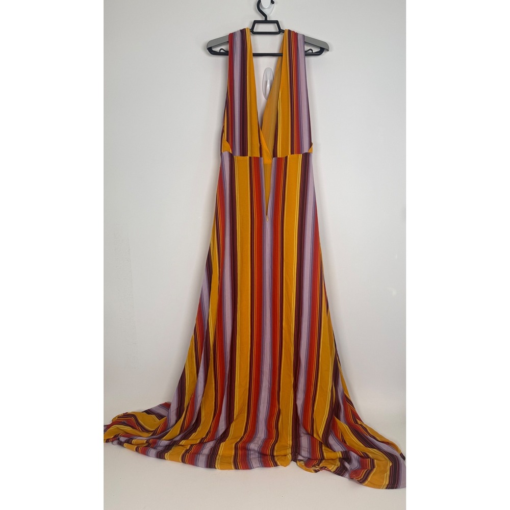 Miss Me Maxi Dress Women's Large Viscose Striped Plunge V Neck Boho Yellow New - Picture 3 of 10